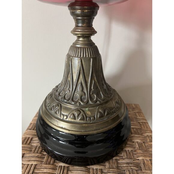 1800s Antique Victorian Cranberry Glass Oil Lantern Converted Table Parlor Lamp - Picture 11 of 13